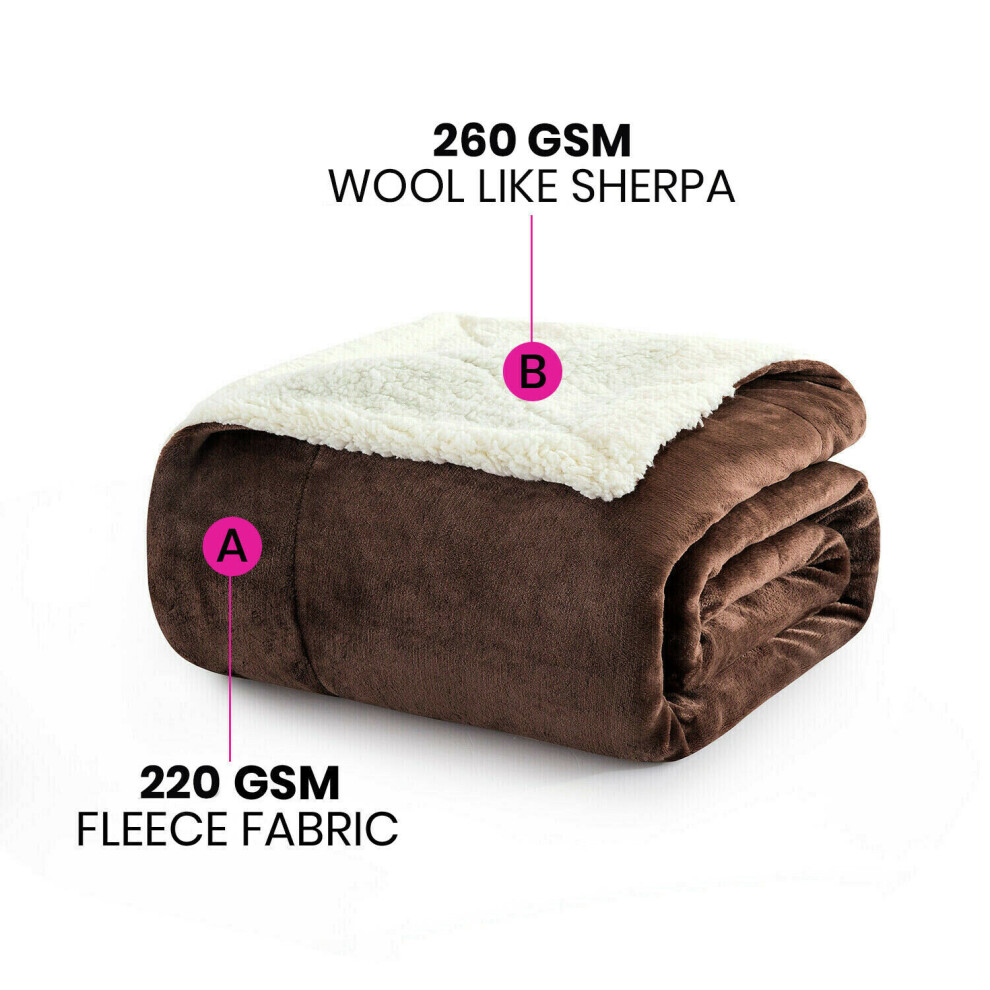 (Coffee, 200x240 cm) Sherpa Fleece Throw Blanket Reversible Soft Warm