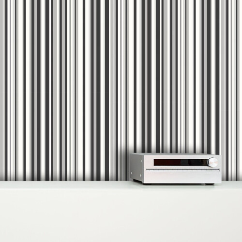 DEBONA Stripe Wallpaper Metallic Shiny Silver Grey Black White Barcode Textured Lined 1