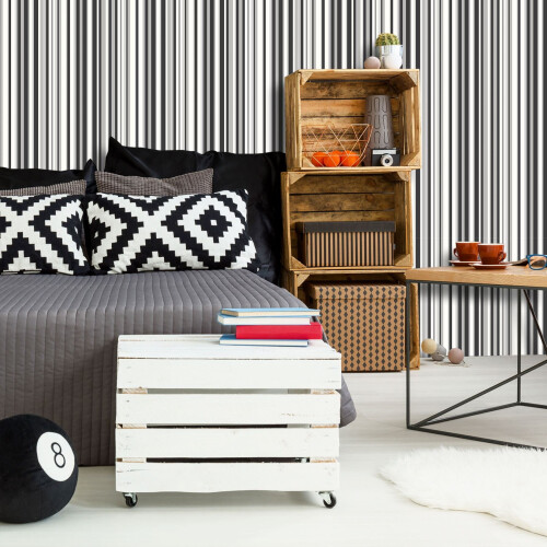 DEBONA Stripe Wallpaper Metallic Shiny Silver Grey Black White Barcode Textured Lined 2