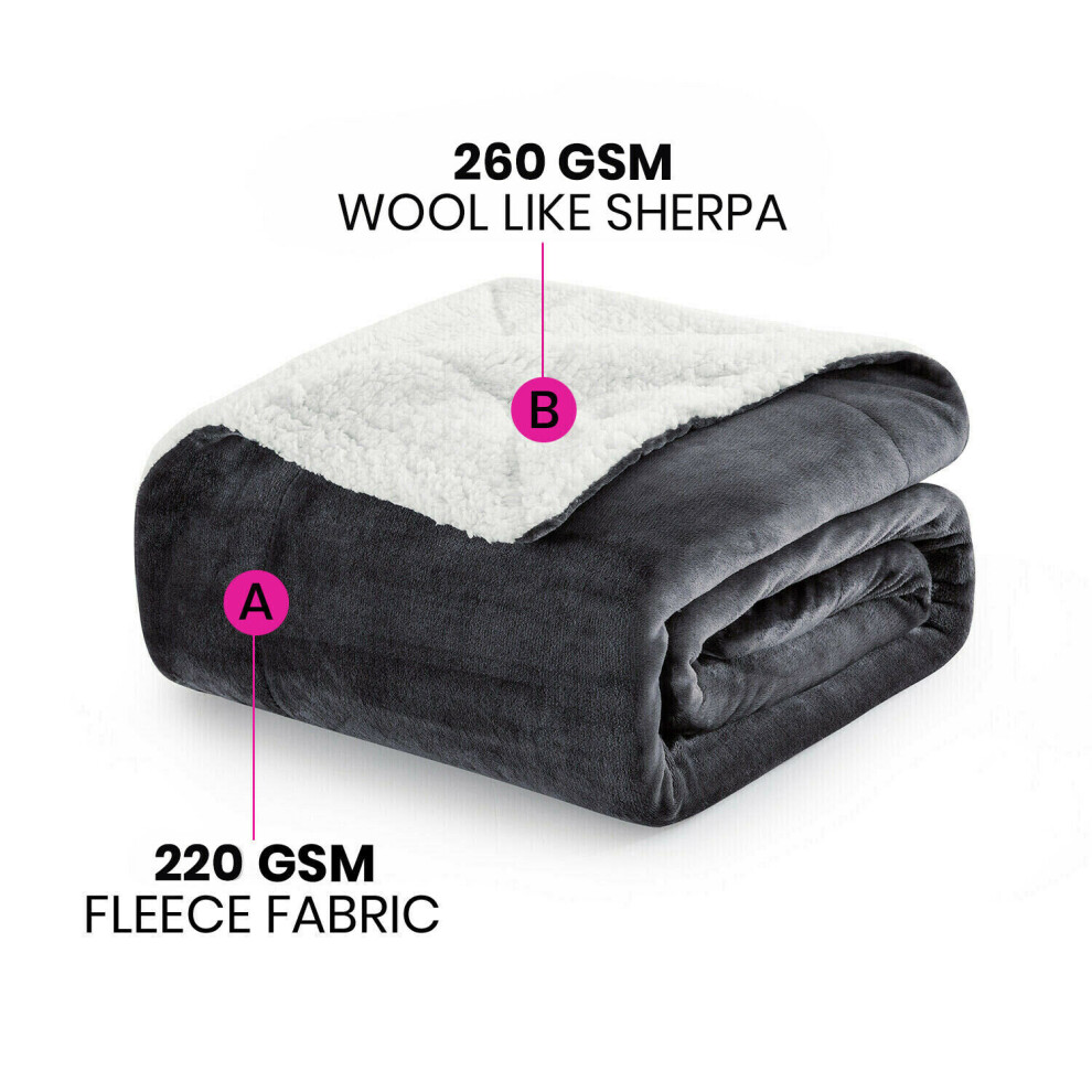 (Grey, 200x240 cm) Sherpa Fleece Throw Blanket Reversible Soft Warm