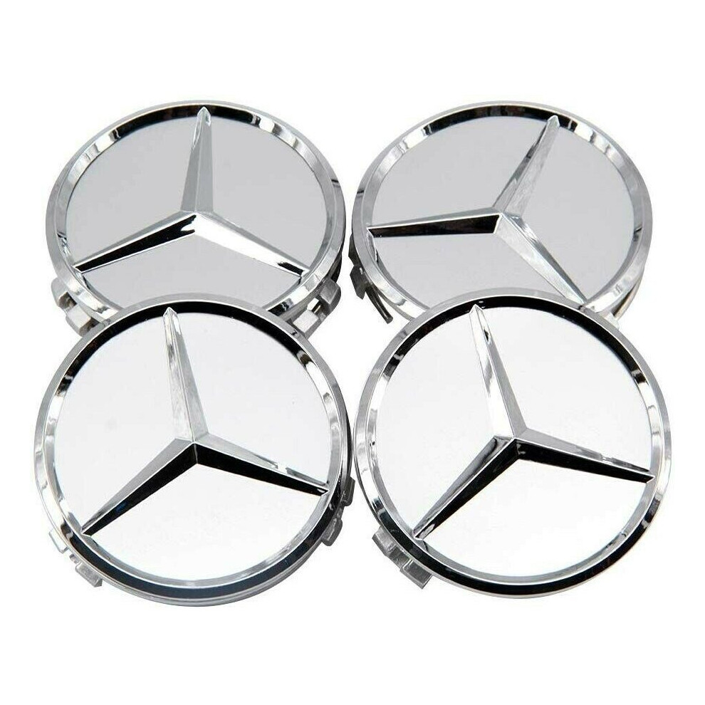 4x New Mercedes Silver Alloy Wheel Centre Hubs Caps 75mm with Chrome