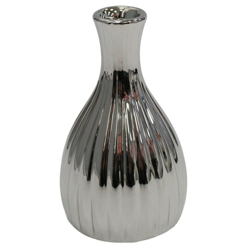 Small Shiny Silver Flower Vase Rippled 15cm Tall Ceramic Bud Vase