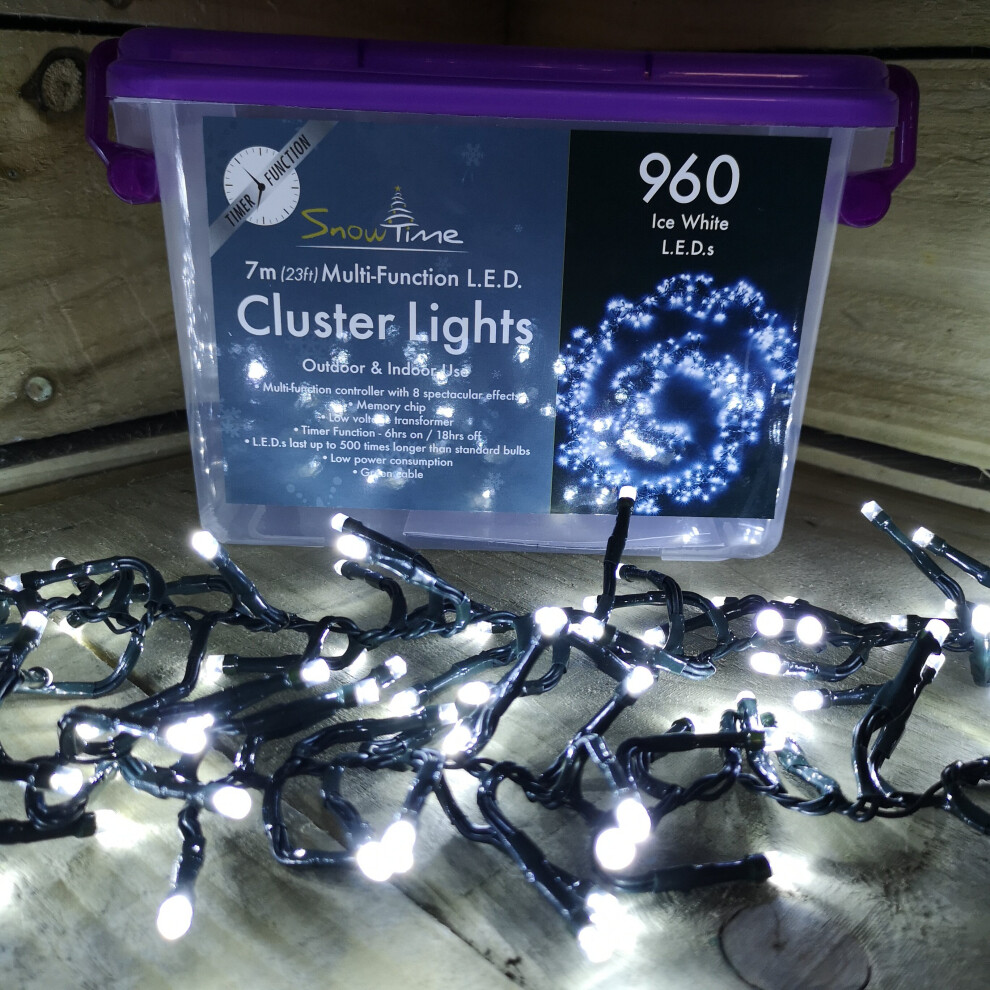 Snowtime 960 LED Multi-Function Cluster Lights in Ice White Indoor/Outdoor