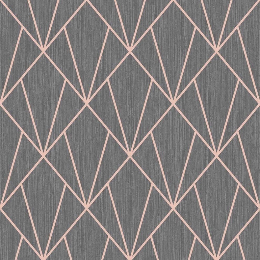 Indra Charcoal & Rose Gold Diamond Geometric Glitter Wallpaper Living Room Bedroom Wall Paper Rolls