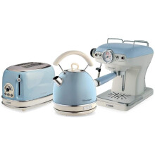 Ariete ARPK18 Retro Style Dome Kettle, 2 Slice Toaster and Espresso Machine Set, Vintage Design, Blue