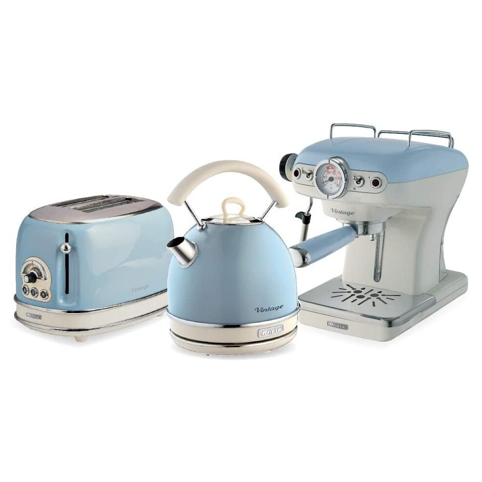 Ariete ARPK18 Retro Style Dome Kettle, 2 Slice Toaster and Espresso Machine Set, Vintage Design, Blue