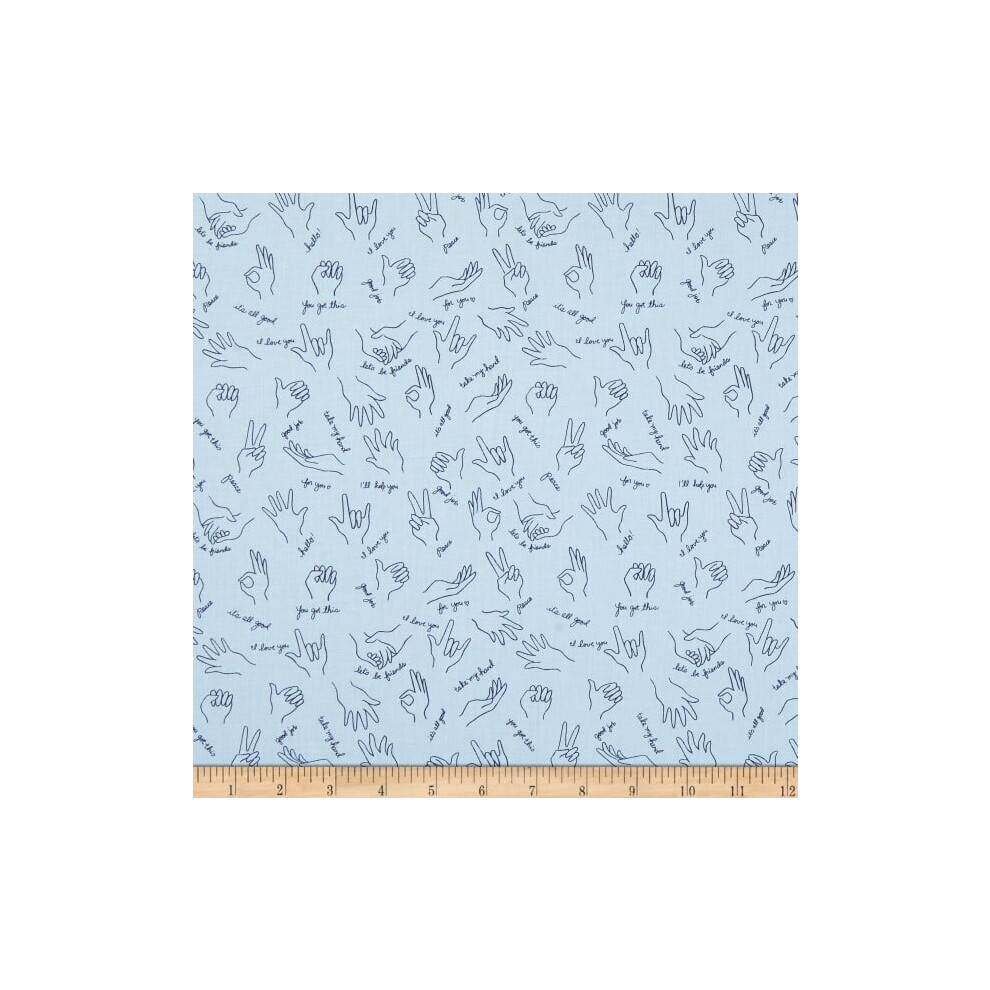 Fat Quarter Helping Hands Sign Language On Blue 100% Cotton Fabric