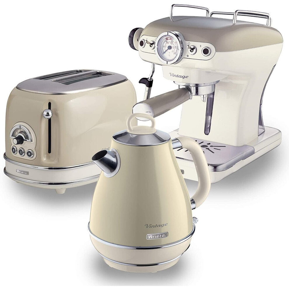 Ariete ARPK4 Retro Style Jug Kettle, 2 Slice Toaster and Espresso Machine Set, Vintage Design, Cream