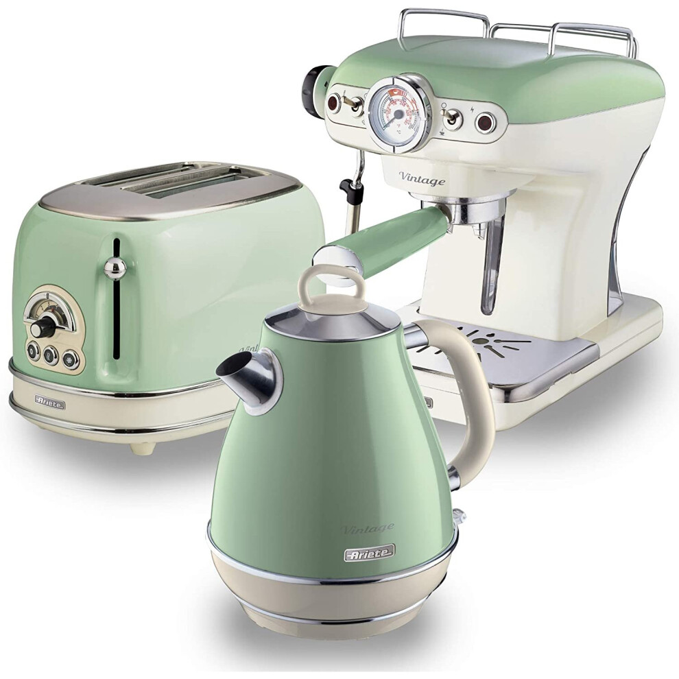 Ariete ARPK5 Retro Style Jug Kettle, 2 Slice Toaster and Espresso Machine Set, Vintage Design, Green