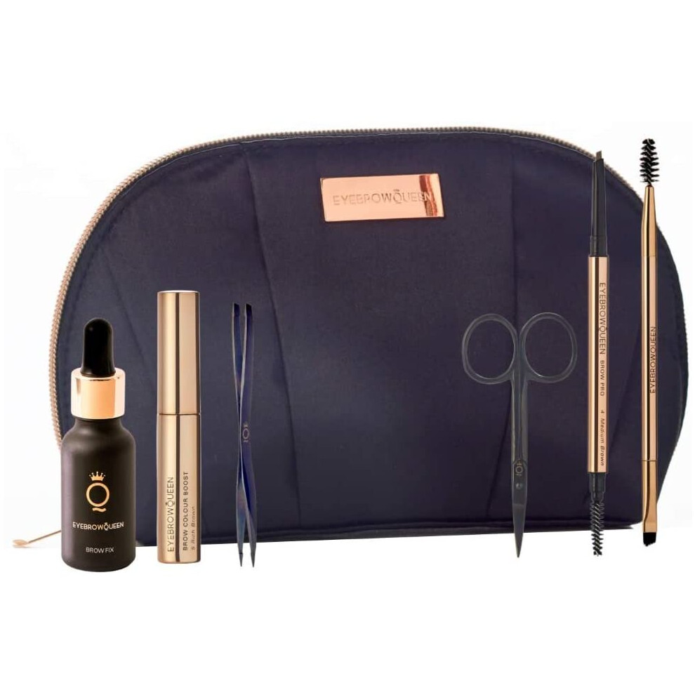 Eyebrowqueen (Medium Brown) Essential Collection -Eyebrow Kit - (Contains Eyebrow Pencil, Sculpting Gel, Eyebrow Brush, Tweezers, Scissors & Brow Fix