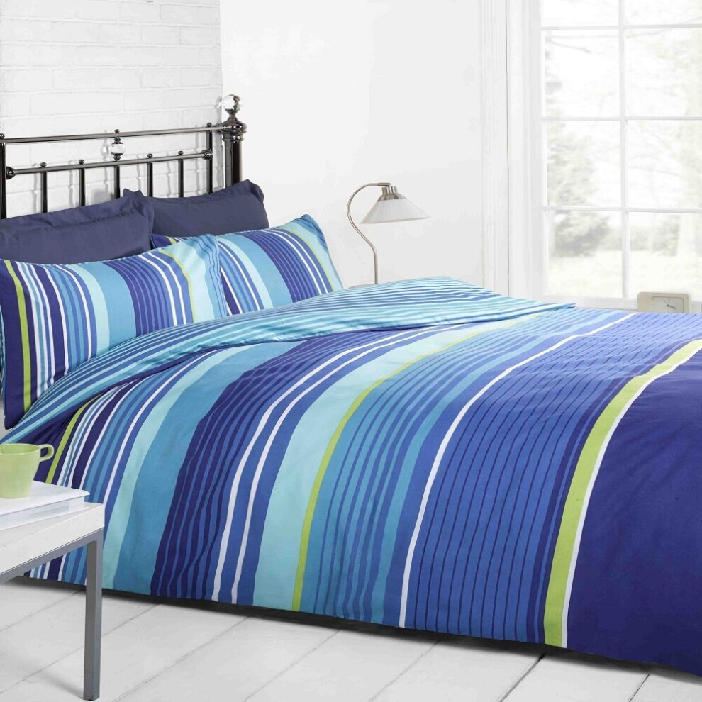 (Double) Navy Light Blue Green and White Striped Teen Double Duvet Cover Bedding Bed Set