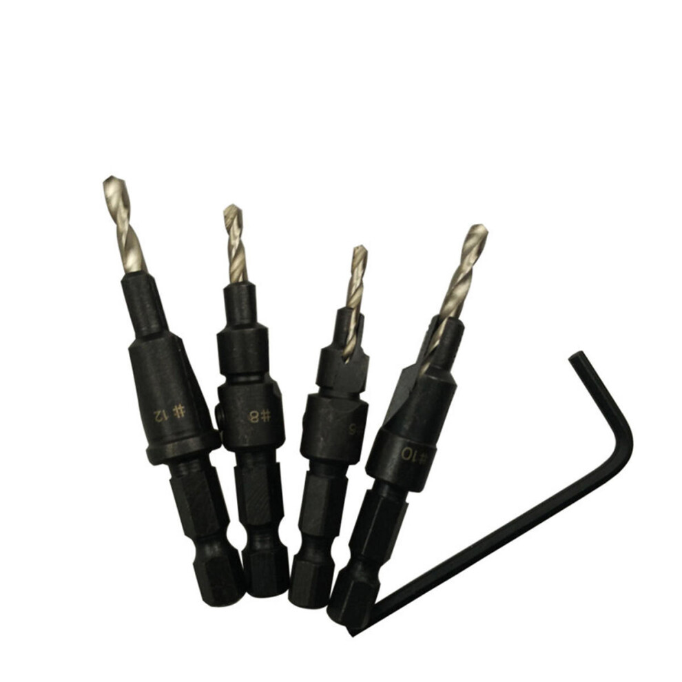 4Pcs 6#/8#/10#/12# Hex Shank Carpentry Countersink Drill Bit Set With Wrench Woodworking Tool 840079356659