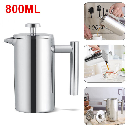 800ml Stainless Steel Cafetiere French Press with Double Mesh Filter – Food-Grade, FDA-Approved, Portable & Heat-Resistant for Camping & Travel