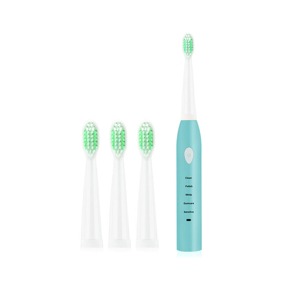 (Blue, One Size) Electric Toothbrush USB Rechargeable Home Kids Adults 4 Heads Cleaning Sensitive