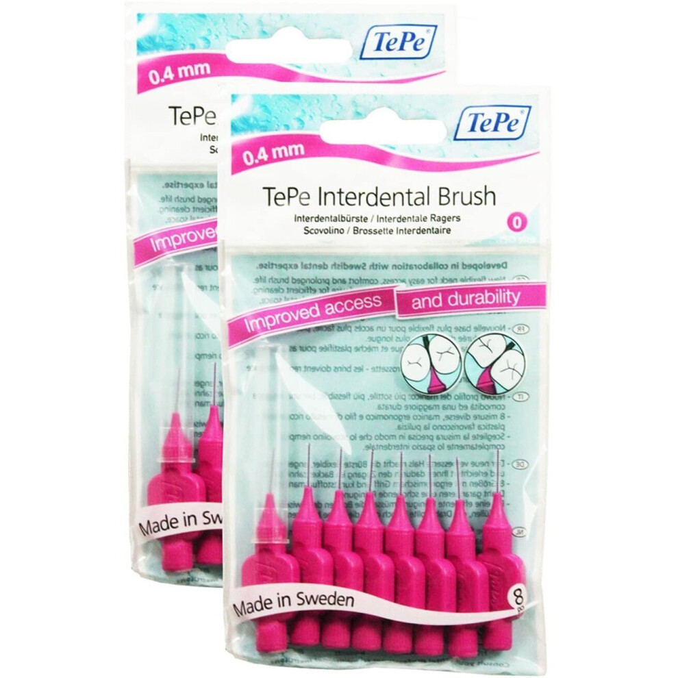 TePe Interdental Brushes 0.4mm Pink - 2 Packets of 8 (16 Brushes)