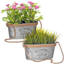 (Oval) Zinc Plant Pot with Anti-Slug Cotton Rope Handles Home Garden Kitchen