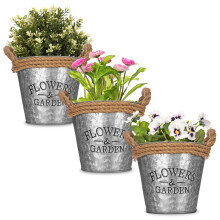 (Round) Zinc Plant Pot with Anti-Slug Cotton Rope Handles Home Garden Kitchen
