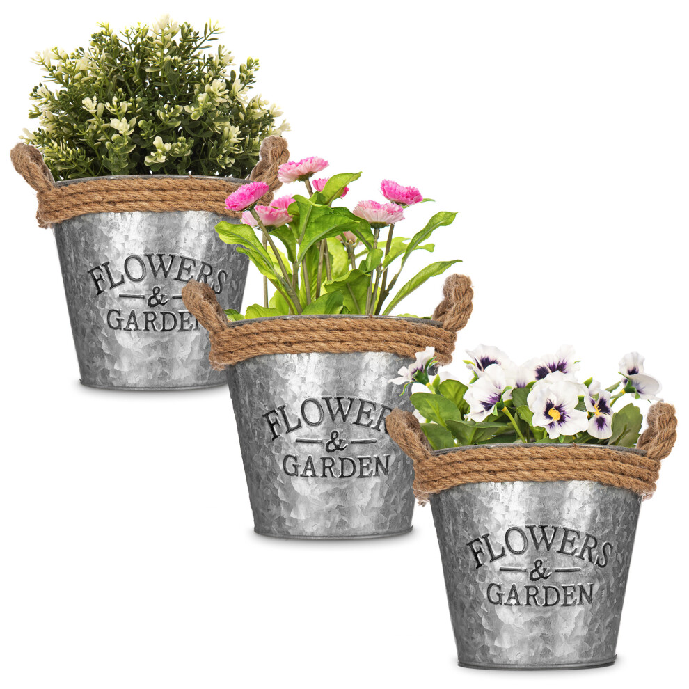 (Round) Zinc Plant Pot with Anti-Slug Cotton Rope Handles Home Garden Kitchen