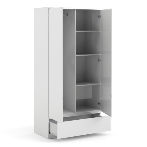 Naia Wardrobe with 2 doors + 1 drawer in White High Gloss 2
