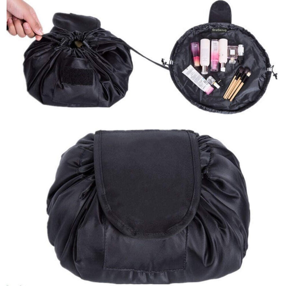 Onegenug Black Drawstring Makeup Bag, Cosmetic Bag,One-Step Toiletry Organizer, Cosmetic Pouch For Lazy Ladies Bl