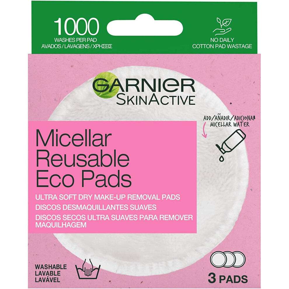 Garnier Micellar Reusable Makeup-Remover Eco Pads, 3 Micro Fibre Pads, Suitable For All Skin Types, 0 Wast