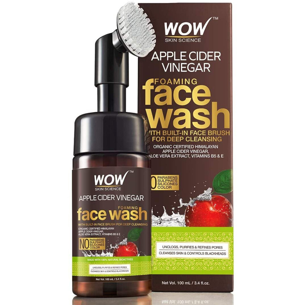 WOW Organic Apple Cider Vinegar Foaming Face Wash with Built-In Brush - No Parabens, Sulphate and Silicone
