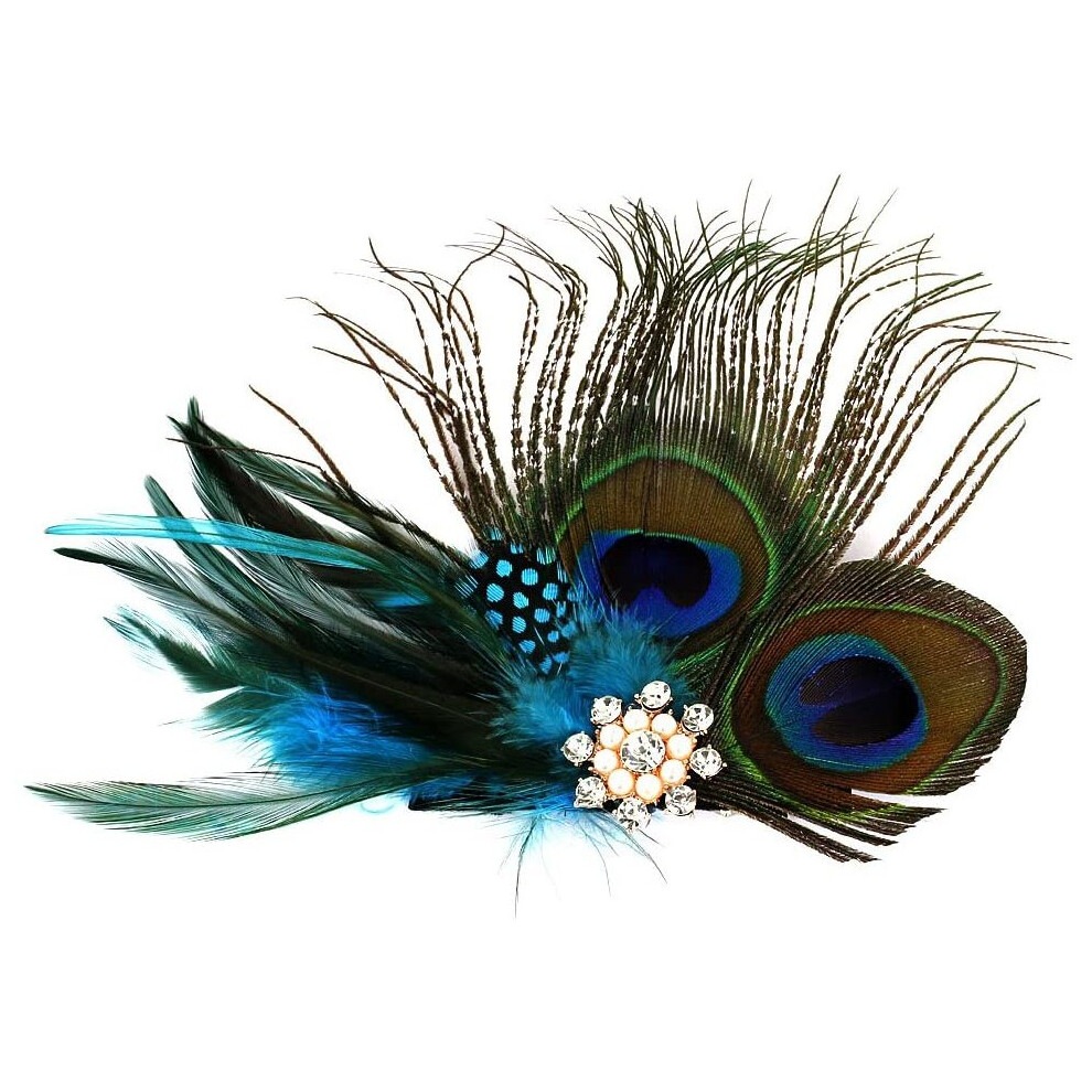 RUNHENG Handmade Feather Peacock Hair clip, Natural Feather Fascinator Barrette with Crystal and Pearl