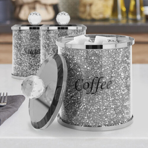 3X Crushed Diamond  Filled Tea Coffee Sugar Canisters Jars Storage