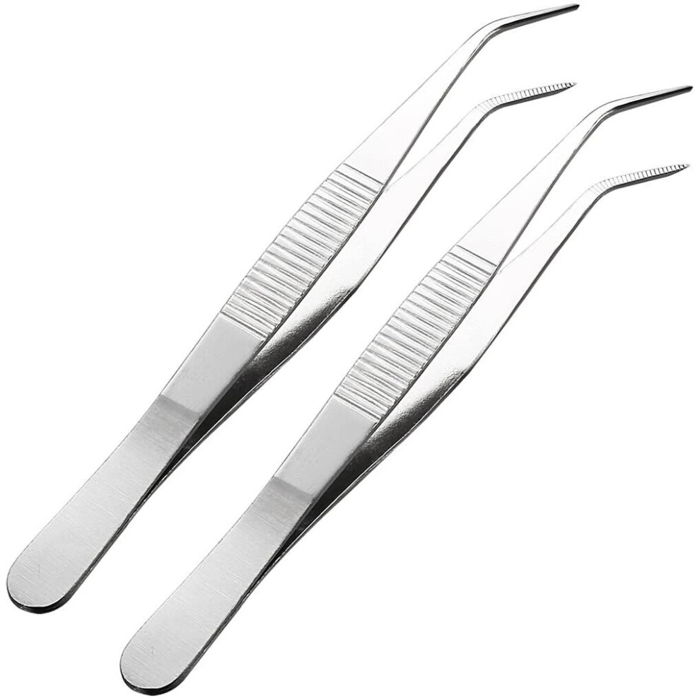 Sourcingmap 2 Pcs 5.5-Inch Stainless Steel Tweezers With Curved Pointed Serrated Tip