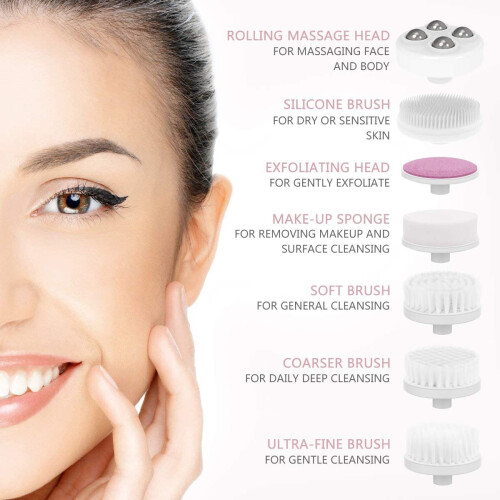 CLSEVXY Waterproof Facial Cleansing Spin Brush Set with 7 Exfoliating Brush Heads Complete