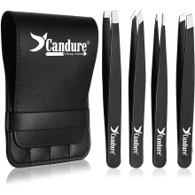 Candure Tweezers for Eyebrows - Professional Stainless Steel Slanted and Pointed Tip Hair tweezers Set for