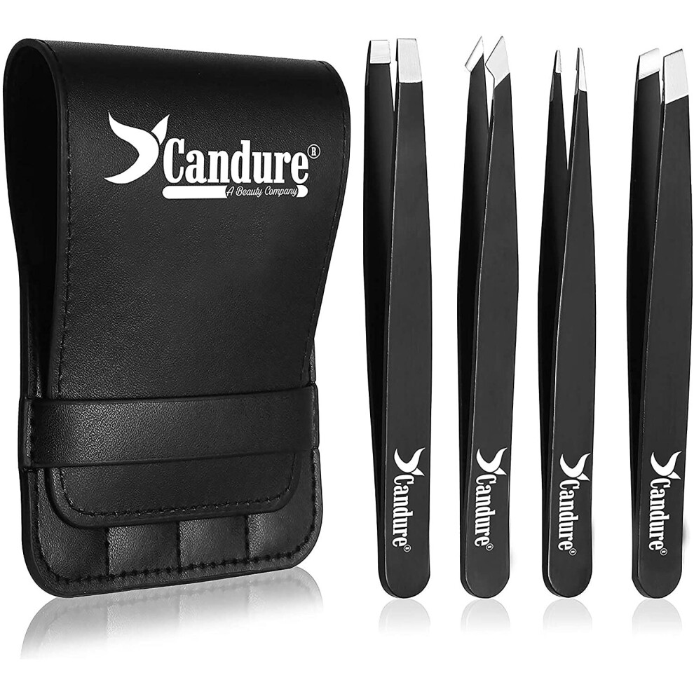Candure Multicoloured Tweezers For Eyebrows - Professional Stainless Steel Slanted And Pointed Tip Hair Tweezers Set For