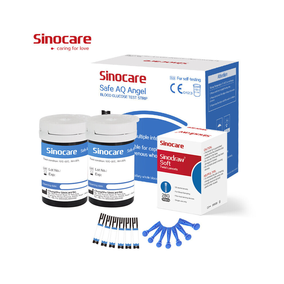 (Sinocare Safe AQ Angel 50Pcs Strips & Lancets ) Sinocare Safe AQ Angel Blood Glucose 50Pcs/100Pcs Test Strips Kit