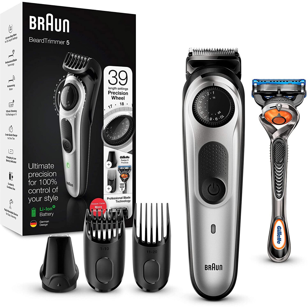 Braun Beard Trimmer BT5260 and Hair Clipper for Men, Lifetime Sharp Blades, 39 Length Settings, Black/Silver Metal, UK Two Pin Plug