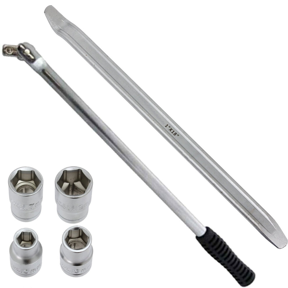 1/2" Drive Breaker Bar Wheel Balance Flexi Socket Head + 18" Tyre Iron + Socket Set (10mm, 13mm, 17mm & 19mm)-image-OPC-P6X5HCJ-NEW