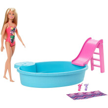 Barbie-nukke- ja allasleikkisetti Pink Slide -juomatarvikkeilla ja pyyheblondi muotinukke trooppisessa uimapuvussa