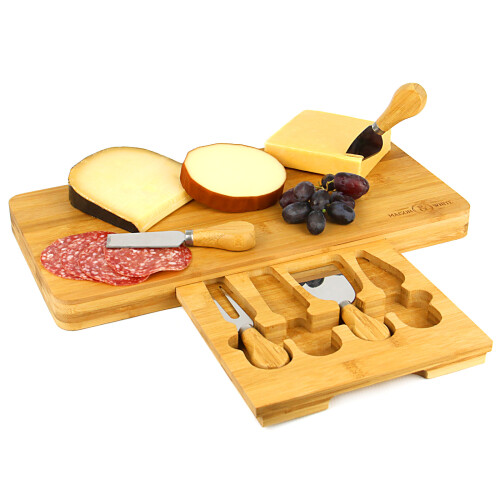 Bamboo Cheese Board & Knife Set 4 Speciality Knives Included M&W