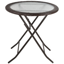Outsunny Folding Round Tempered Glass Table with Brown Rattan Edge, 68cm Diameter, 50kg, 861-036
