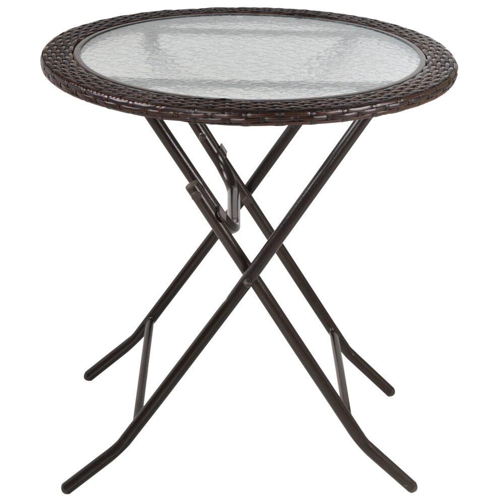 Outsunny Folding Round Tempered Glass Metal Table Brown Rattan Edging