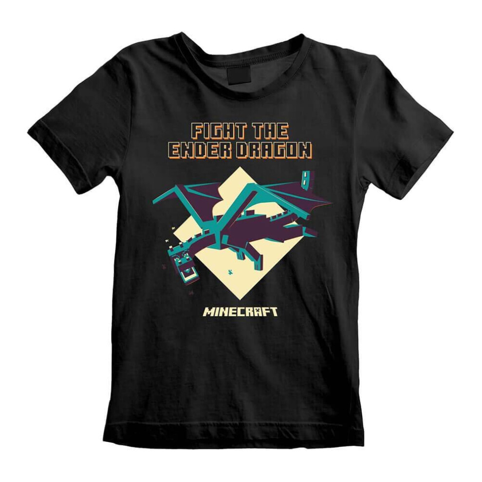 (2XL) Children's Minecraft 'Fight The Ender Dragon' Black Crew Neck T-Shirt