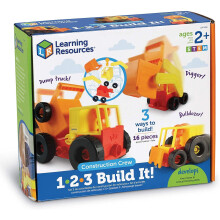 Learning Resources 1-2-3 Build It! Constructie Voertuigen, Bulldozer, Graafmachine, Vrachtwagen, 16 Stukken, 2+