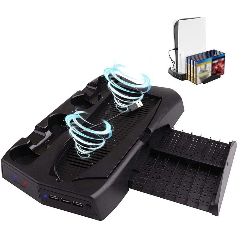 Cooling fan vertical stand system and 2 controller charging dock for PS5 Digital Edition/Ultra HD, game storage shelf dual cooler 3 USB hub