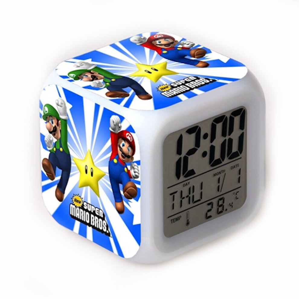 LED Alarm Clock Super Mario 7 Color Changing Digital with Thermometer