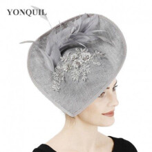 (Air bag packing, Navy Blue) Grey nice women big hair fascinator hat hair clip bridal wedding show hair accessories church occasion millinery caps headband