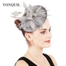 (box packing, Tangerine) Grey imitation Sinamay Fascinators headwear women's feather Bridal Event Occasion Hats cocktail Derby Church Wedding Party Race