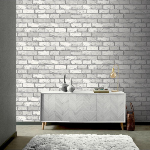 Arthouse 3D Effect White Silver Metallic Brick Wallpaper Stone Slate Industrial Arthouse 1