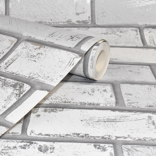 Arthouse 3D Effect White Silver Metallic Brick Wallpaper Stone Slate Industrial Arthouse 2