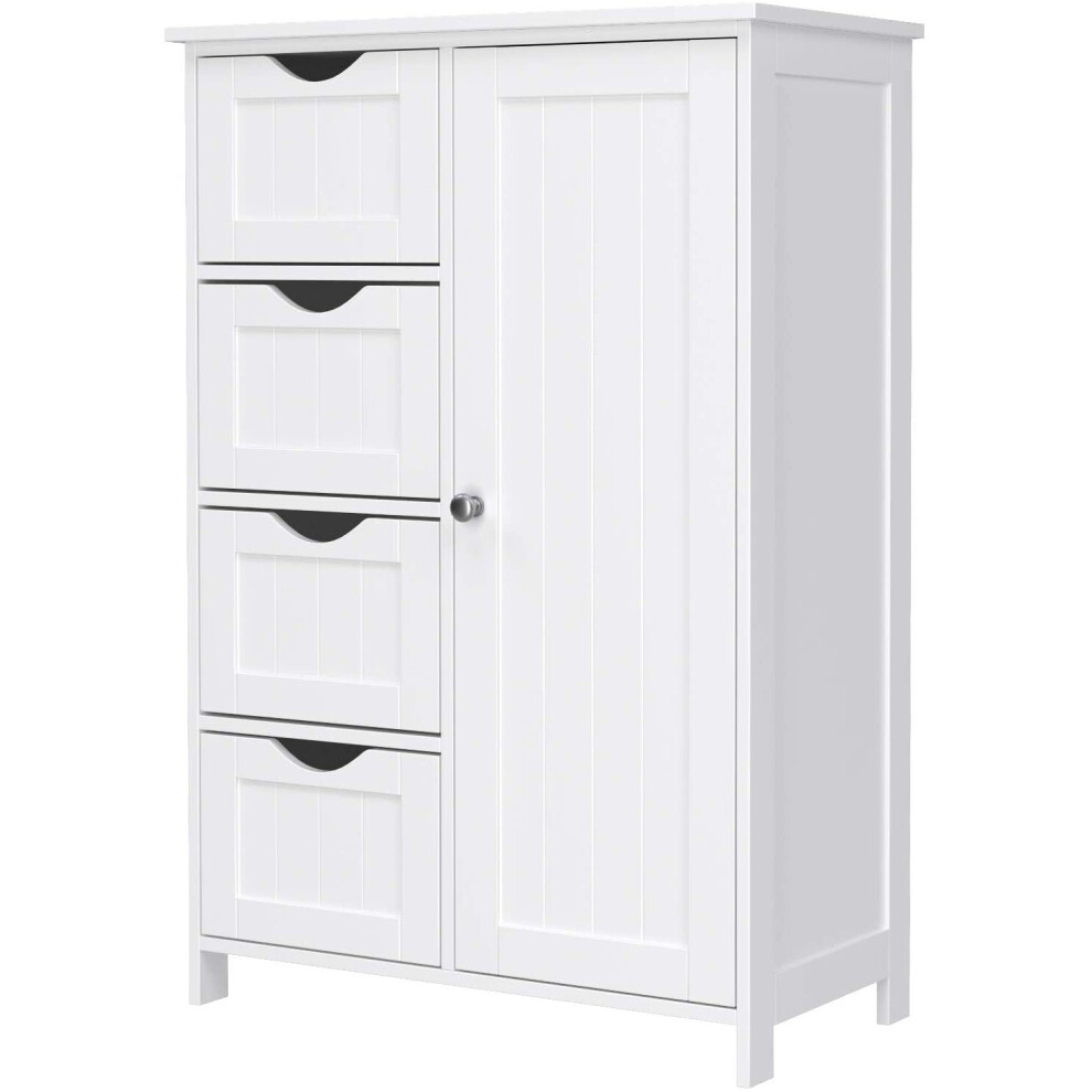 Bathroom Floor Storage Cabinet, Wooden Storage Unit with 4 Drawers, Single Door, Adjustable Shelf, for Living Room, Kitchen, Entryway, White LHC41W