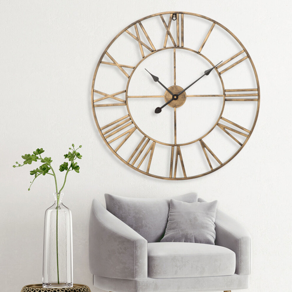 60Cm Large Skeleton Metal Roman Wall Clock Big Numerals Giant Bronze