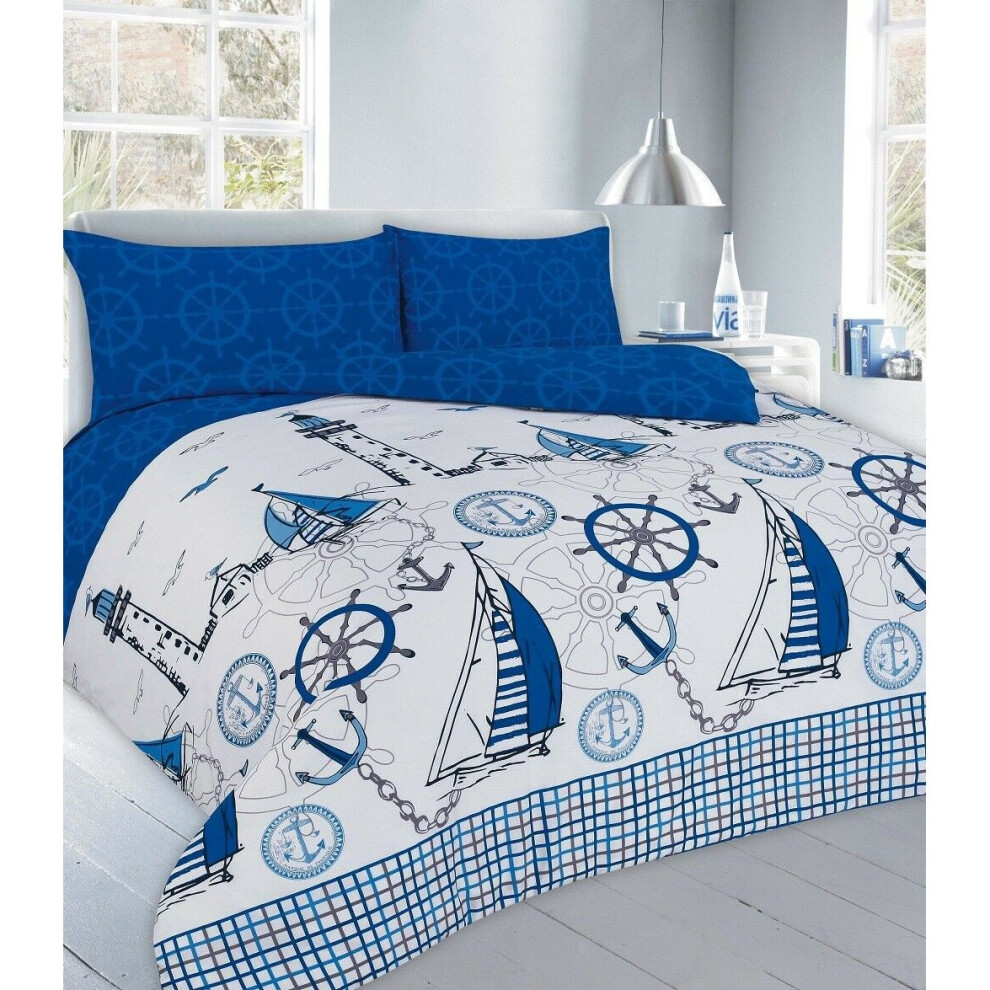 (Jake Blue, Single ) Jake Boat Reversible Duvet Cover with Pillowcase
